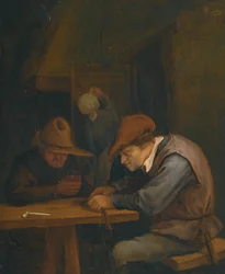 Boeren drinken en snijden tabak in een herberg