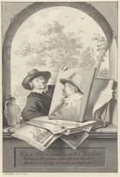 Man met een map met tekeningen en een portret van Jan van Goyen