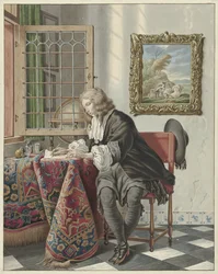 Schrijvende jongeman aan een venster