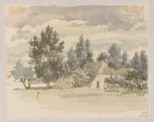Landschap met boerderij omgeven door bomen