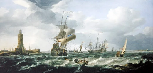 Een Riviermonding met Nederlandse Scheepvaart in een Strakke Bries