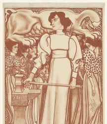 Arbeid voor de vrouw. Loten van de Nationale tentoonstelling van vrouwenarbeid à 50 cents op het terrein en in de depots verkrijgbaar. Eerste prijs een juwelen sieraad ter waarde van f.1000,- (titel op het object)