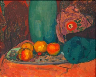 Stilleven met blauwgroene vaas