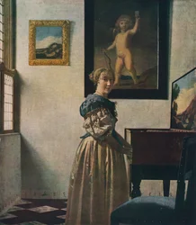 Een jonge vrouw staand bij een virginaal, circa 1670-1672