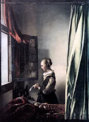 Meisje dat een brief leest bij een open raam, ca. 1657