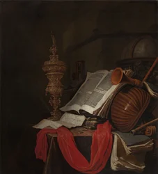 Stilleven met muziekinstrumenten en boeken Vanitas