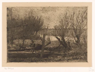 Landschap met schuiten in een sloot nabij een vaart