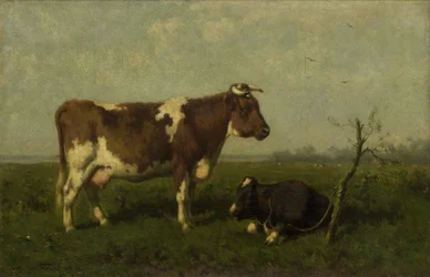 Een koe met haar kalf in een weiland
