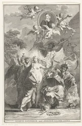 Allegorische titelpagina met het portret van schrijver Edward Simson Titelpagina voor: Edward Simson, Chronicon historiam catholicam complectens, 1729