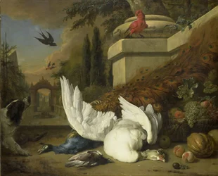 Een hond met een dode gans en pauw (Een studie van wild en fruit)