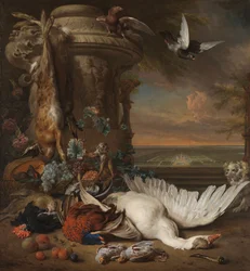 Jacht- en Fruitstilleven naast een Tuinvaas, met een Aap, Hond en twee Duiven, in de verte Rijksdorp bij Wassenaar, Zetel van Jacob Emmery, Baron van Wassenaar