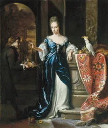 Portret van Lodewina Schey in een blauwe jurk, met een bediende die bloemen draagt