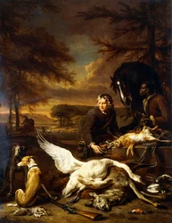 Jachtbuit met een jachtdienaar en een zwarte page die een bruin paard vasthoudt, 1700