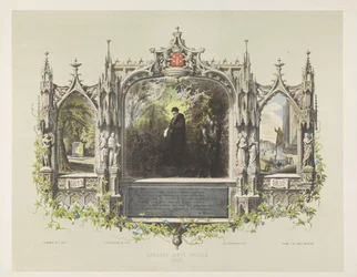 Gedenkplaat voor Laurens Coster bij de feestelijkheden rond de onthulling van het standbeeld te Haarlem, 1856