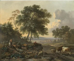 Dutch: Landschap met vee bij een doorwaadbare plaats Landscape with cattle at a wading place