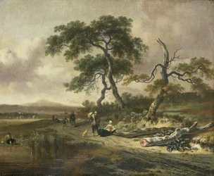 Landschap met een marskramer en rustende vrouw