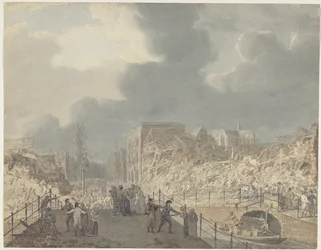 Gezicht op de ruïnes op het Rapenburg te Leiden na de ontploffing van het kruitschip op 12 januari 1807