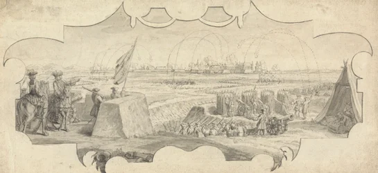 Een officier op een wal die het bombardement van een verre stad leidt