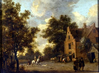 Landschap en werkplaats van Maarschalk Ferrand. Schilderij door Jan Wynants (1630 - 1684). Milaan, Museo del Castello