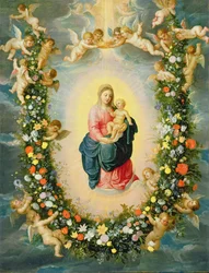 De Madonna en Kind in een bloemenkrans