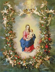 De Maagd en het Kind omringd door een bloemenkrans gedragen door cherubijnen, c.1624
