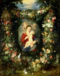 De Maagd en kind in een krans van fruit en bloemen