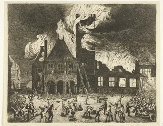 Het oude stadhuis van Amsterdam in brand