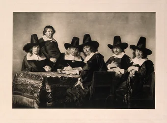 De bestuurders van het ziekenhuis voor arme kinderen, Haarlem. Fotogravure naar J. de Bray, 1663.