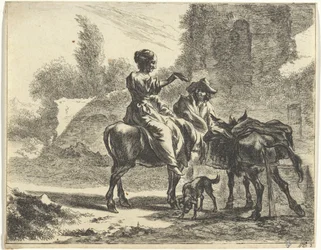 Herders en ezels bij een drinkbak