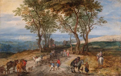 Landwegscène met Figuren: Een Man die Bidt bij een Heiligdom, c.1610