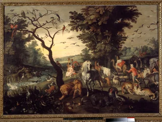 Ingang in de ark Dieren gaan de ark van Noach binnen voor de zondvloed. Schilderij door Jan Breugel de Oude genaamd Bruegel de Fluwelen