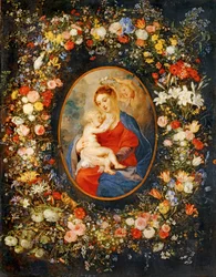 De Maagd, het kind Jezus en engelen te midden van een bloemenkrans. Rubens medaillon ...