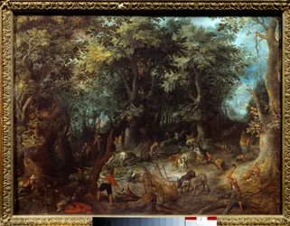 Landschap in het bos, de houtkoeien