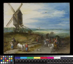 Landschap met molen en karren, ca. 1611