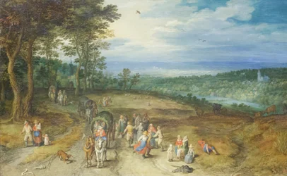 Landschap met reizigers en boeren op een pad