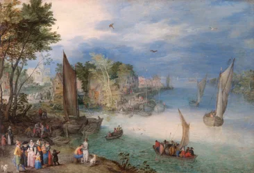 Rivierscène met Boten en Figuren