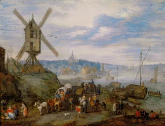 Zeehaven met windmolen ...