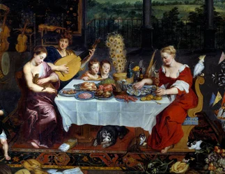 De smaak. Detail van een maaltijd met zeevruchten, gevogelte in aanwezigheid van muzikanten