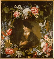 Portret van een jonge man omringd door bloemen (schilderij op eikenhout)