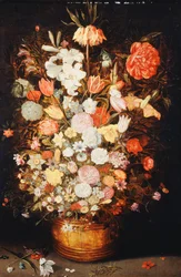 Een stilleven van bloemen in een houten kuip, c.1630s