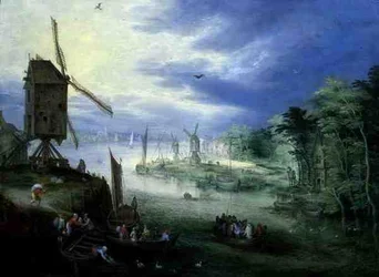Rivierlandschap met molens