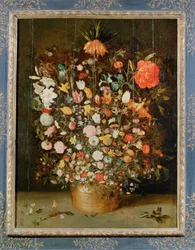 Stilleven:Een bos bloemen in een houten vaas (schilderij op canvas)