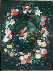 Het mystieke huwelijk van St. Catharina in een landschap, omgeven door een bloemenkrans