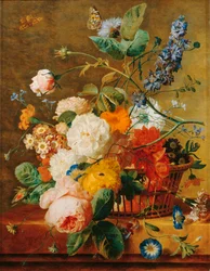 Bloemenmand met sokkel op parkachtergrond - Een mand ...