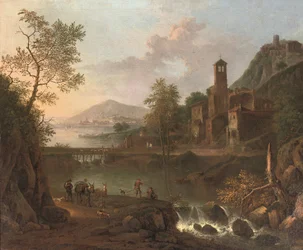 Een Italiaans rivierlandschap met een muletier en vissers, een stadje op een heuvel daarachter (olieverf op doek)