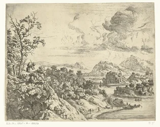 Rivierlandschap met man met pak op zijn rug