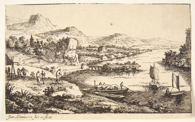 Rivierlandschap met reizigers, rechts een praam en twee zeilboten