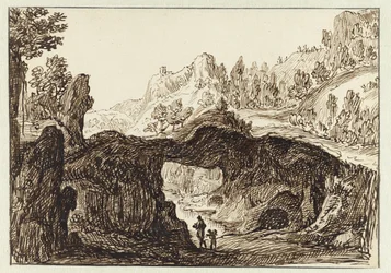 Rotsachtig berglandschap met op de voorgrond twee reizigers