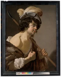 Een herder, halflang in profiel, met een elegante gevederde hoed