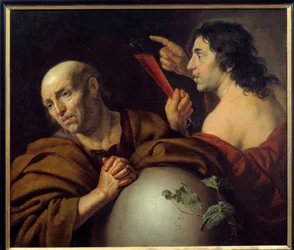 Heraclitus en Democritus De Griekse filosofen Heraclitus van Ephese (Heraclitus) (535-475 v.Chr.) en Democritus (Democritus) (460-370 v.Chr.). Schilderij door Jan van Bijlert (1597-1671) 17e eeuw Utrecht. Centraal Museum